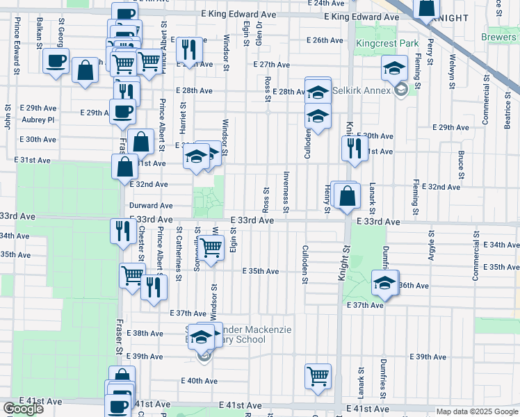 map of restaurants, bars, coffee shops, grocery stores, and more near 4873 Ross Street in Vancouver