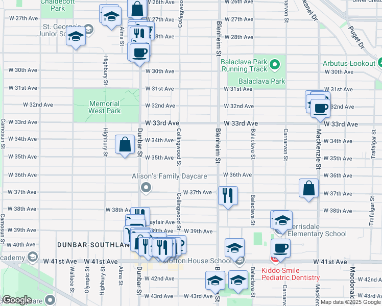 map of restaurants, bars, coffee shops, grocery stores, and more near 3441 West 35th Avenue in Vancouver