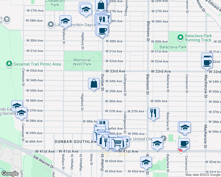 map of restaurants, bars, coffee shops, grocery stores, and more near 3569 West 35th Avenue in Vancouver