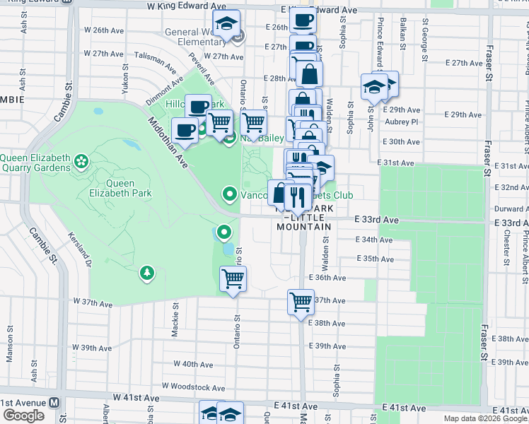 map of restaurants, bars, coffee shops, grocery stores, and more near 5060 James Street in Vancouver