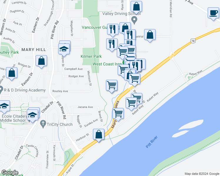 map of restaurants, bars, coffee shops, grocery stores, and more near 1515 Broadway Street in Port Coquitlam