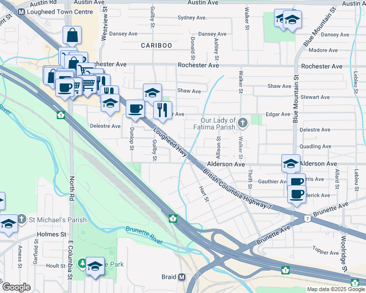 map of restaurants, bars, coffee shops, grocery stores, and more near 675 British Columbia 7 in Coquitlam