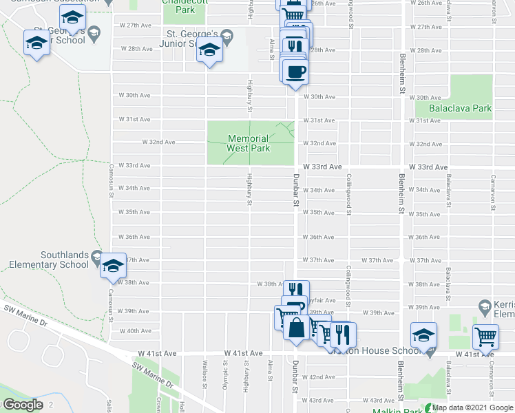 map of restaurants, bars, coffee shops, grocery stores, and more near 3775 West 35th Avenue in Vancouver