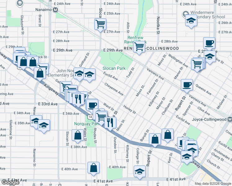 map of restaurants, bars, coffee shops, grocery stores, and more near 2828 Cheyenne Avenue in Vancouver