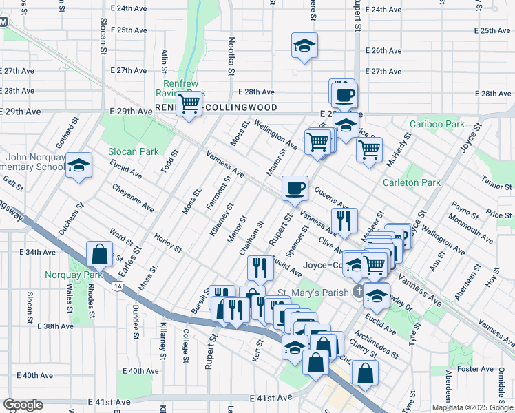 map of restaurants, bars, coffee shops, grocery stores, and more near 4866 Manor Street in Vancouver
