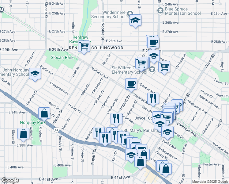 map of restaurants, bars, coffee shops, grocery stores, and more near 4866 Manor Street in Vancouver