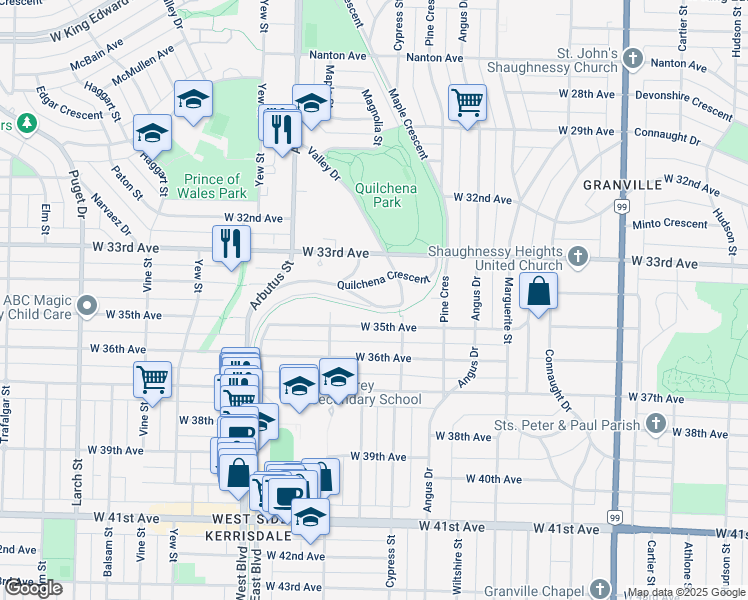 map of restaurants, bars, coffee shops, grocery stores, and more near 1943 Linden Road in Vancouver
