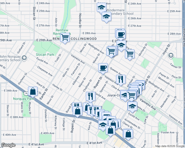 map of restaurants, bars, coffee shops, grocery stores, and more near 4855 Chatham Street in Vancouver