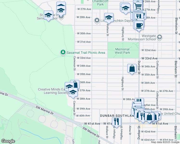 map of restaurants, bars, coffee shops, grocery stores, and more near 4005 West 35th Avenue in Vancouver