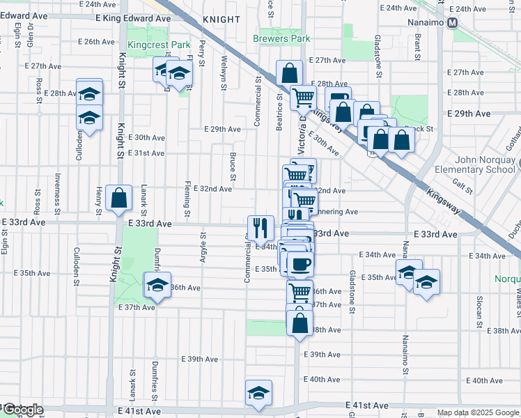 map of restaurants, bars, coffee shops, grocery stores, and more near 4868 Commercial Street in Vancouver