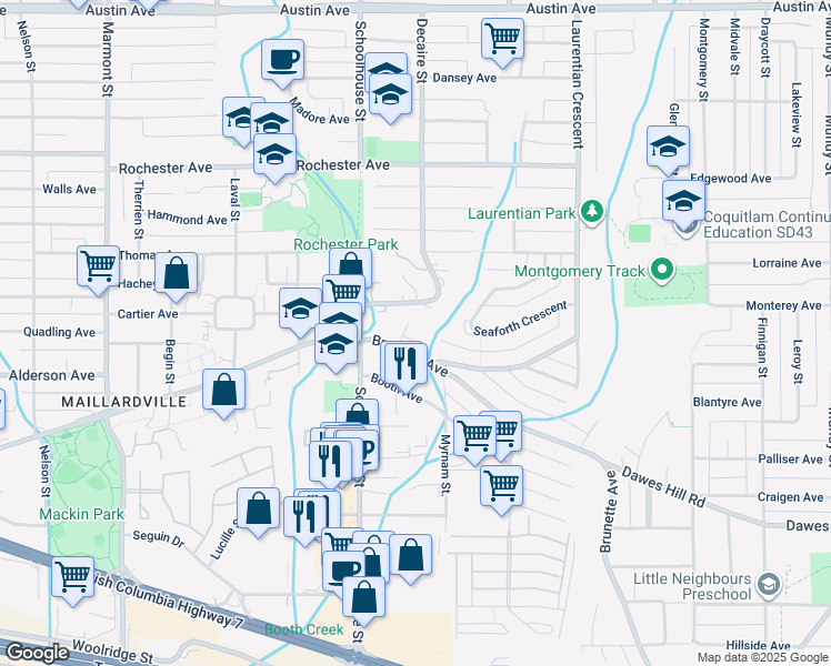 map of restaurants, bars, coffee shops, grocery stores, and more near 341 Marathon Court in Coquitlam