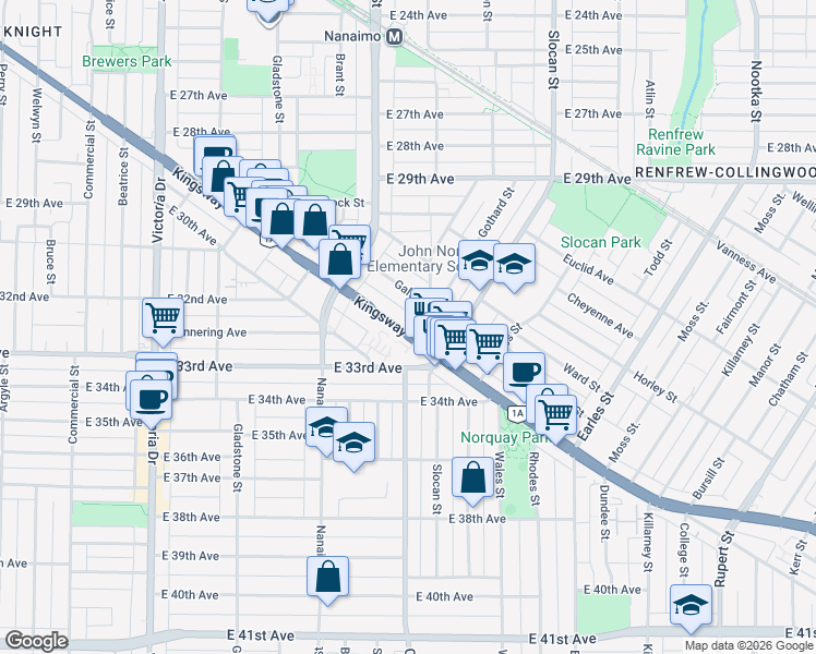 map of restaurants, bars, coffee shops, grocery stores, and more near 2455 Kingsway in Vancouver
