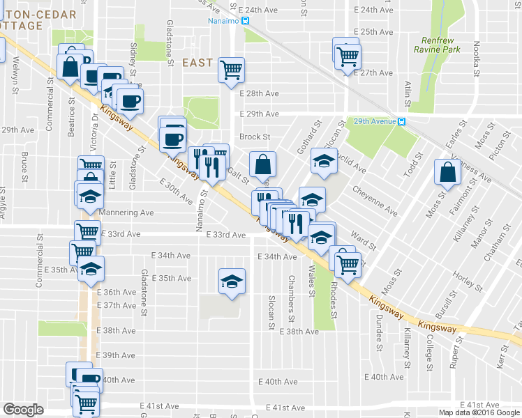 map of restaurants, bars, coffee shops, grocery stores, and more near in Vancouver