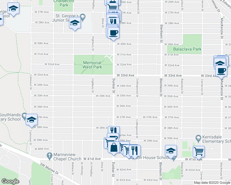 map of restaurants, bars, coffee shops, grocery stores, and more near in Vancouver