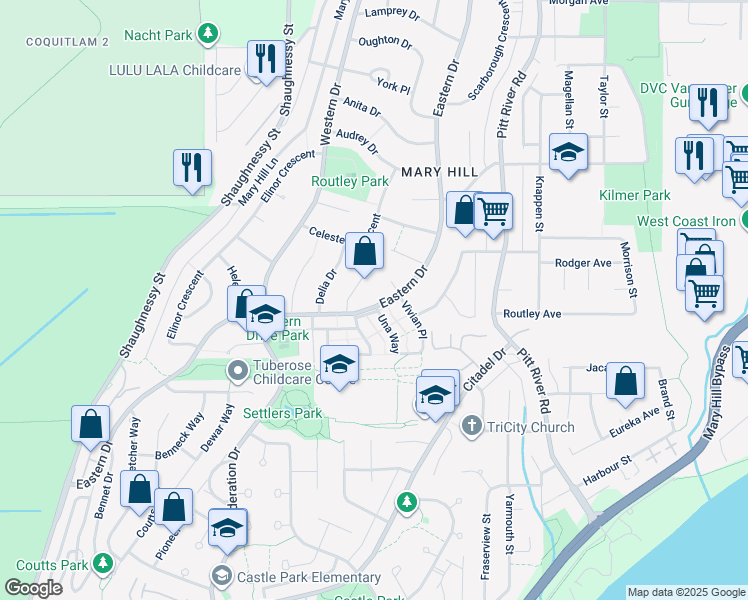 map of restaurants, bars, coffee shops, grocery stores, and more near 1444 Eastern Drive in Port Coquitlam