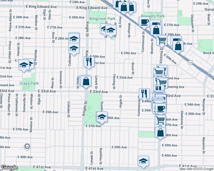 map of restaurants, bars, coffee shops, grocery stores, and more near 4860 Dumfries Street in Vancouver
