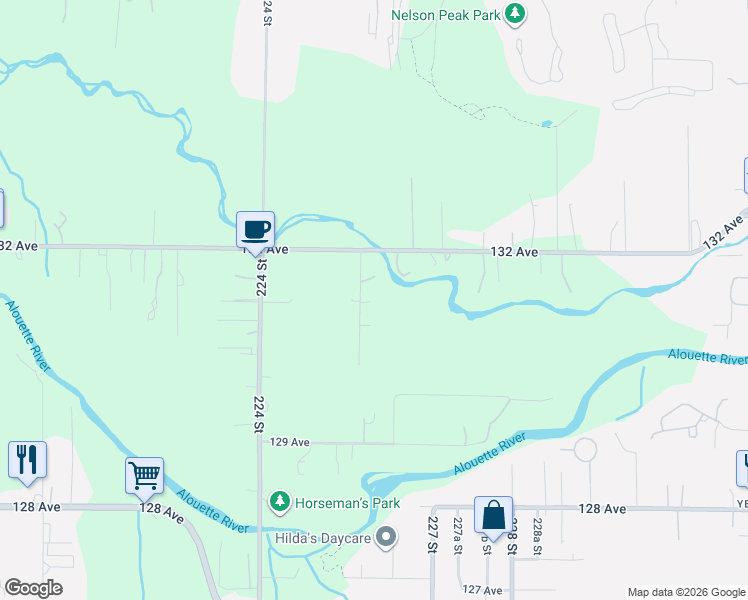 map of restaurants, bars, coffee shops, grocery stores, and more near 13088 Edge Street in Maple Ridge