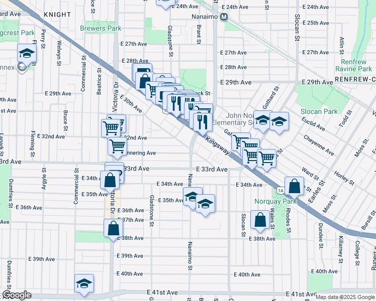 map of restaurants, bars, coffee shops, grocery stores, and more near 2293 Mannering Avenue in Vancouver