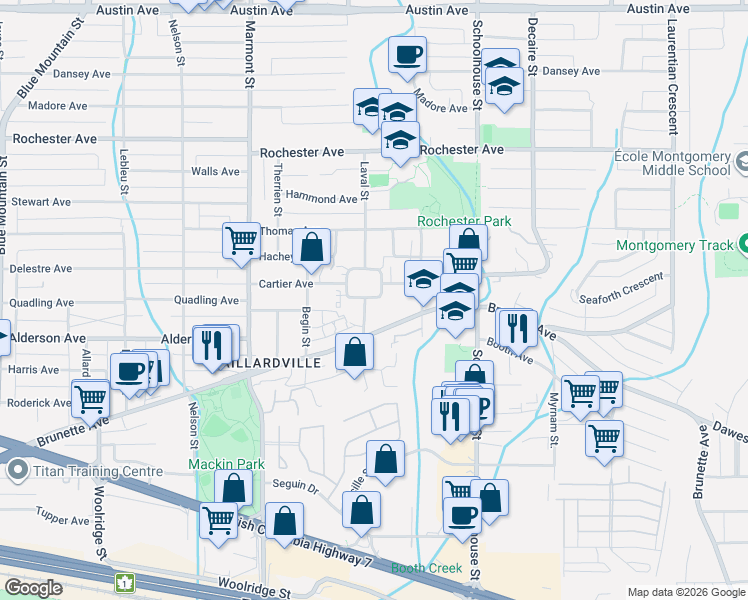 map of restaurants, bars, coffee shops, grocery stores, and more near 1306 Laval Square in Coquitlam