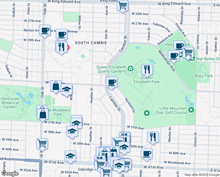 map of restaurants, bars, coffee shops, grocery stores, and more near 478 West 33rd Avenue in Vancouver
