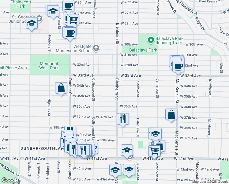 map of restaurants, bars, coffee shops, grocery stores, and more near 5061 Blenheim Street in Vancouver