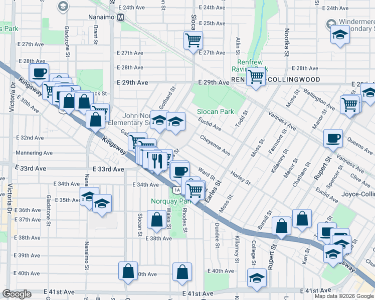 map of restaurants, bars, coffee shops, grocery stores, and more near 2612 Horley Street in Vancouver