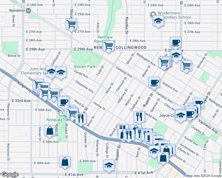 map of restaurants, bars, coffee shops, grocery stores, and more near 4882 Moss Street in Vancouver
