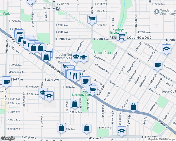 map of restaurants, bars, coffee shops, grocery stores, and more near 4832 Duchess Street in Vancouver