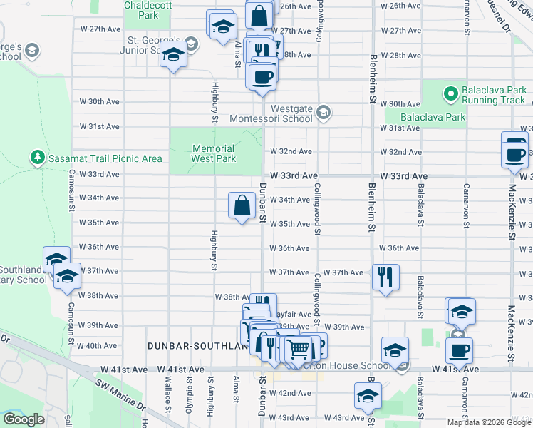 map of restaurants, bars, coffee shops, grocery stores, and more near 5058 Dunbar Street in Vancouver