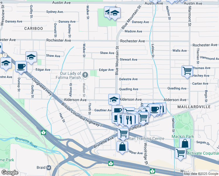 map of restaurants, bars, coffee shops, grocery stores, and more near 575 Delestre Avenue in Coquitlam