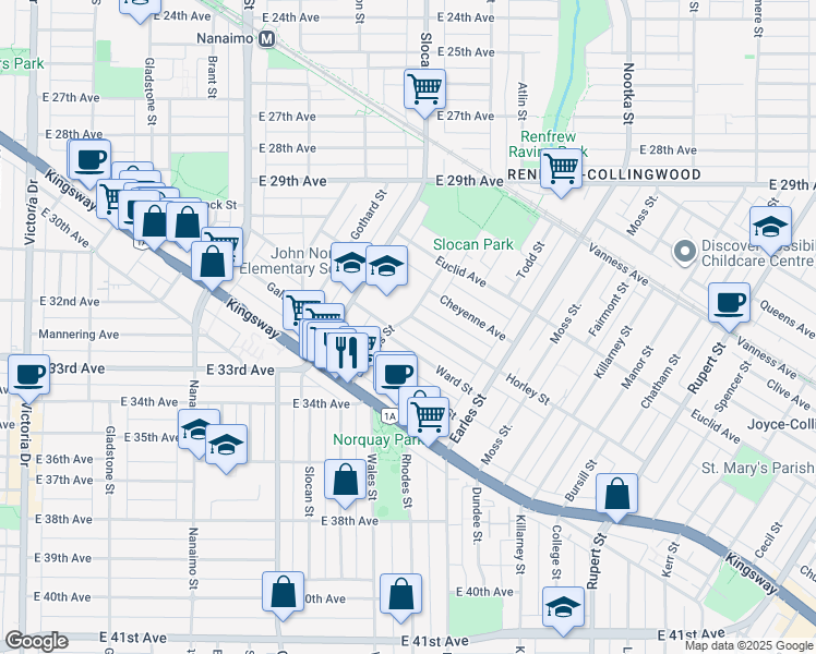 map of restaurants, bars, coffee shops, grocery stores, and more near 4826 Duchess Street in Vancouver