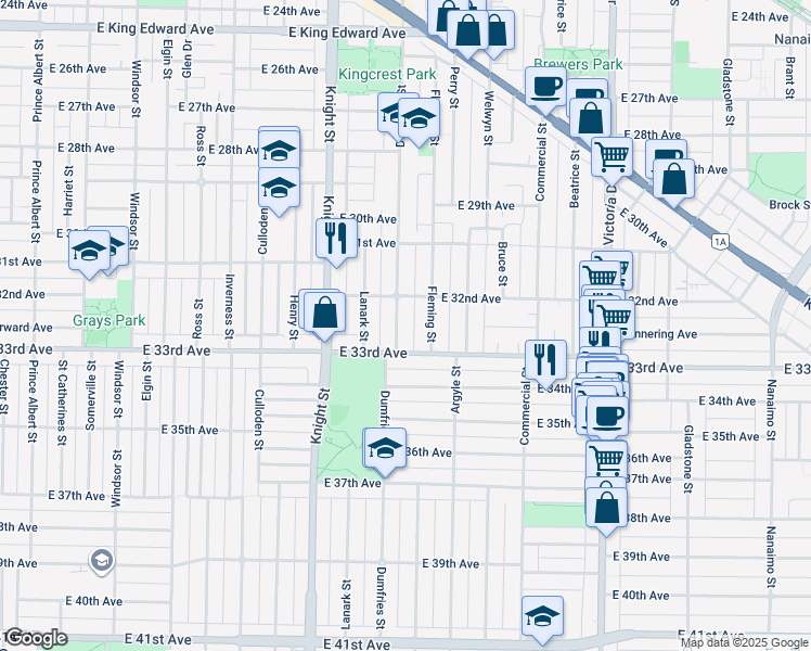 map of restaurants, bars, coffee shops, grocery stores, and more near 4858 Dumfries Street in Vancouver