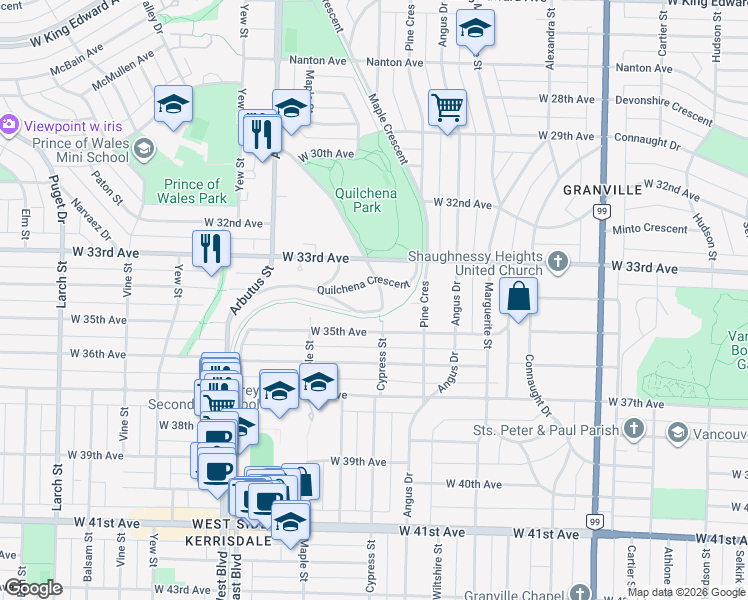 map of restaurants, bars, coffee shops, grocery stores, and more near 5041 Cypress Street in Vancouver