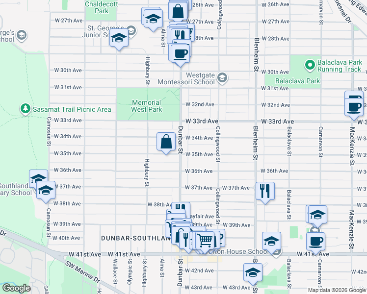 map of restaurants, bars, coffee shops, grocery stores, and more near 5056 Dunbar Street in Vancouver
