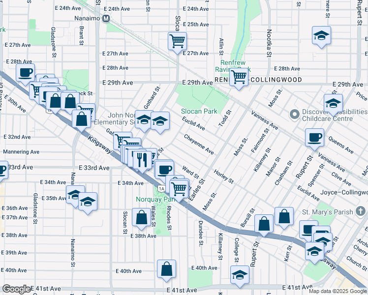 map of restaurants, bars, coffee shops, grocery stores, and more near 2717 Horley Street in Vancouver