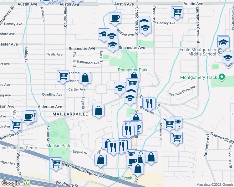 map of restaurants, bars, coffee shops, grocery stores, and more near 270 Casey Street in Coquitlam