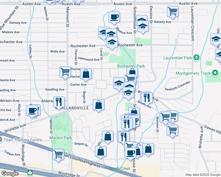 map of restaurants, bars, coffee shops, grocery stores, and more near 1306 Laval Square in Coquitlam