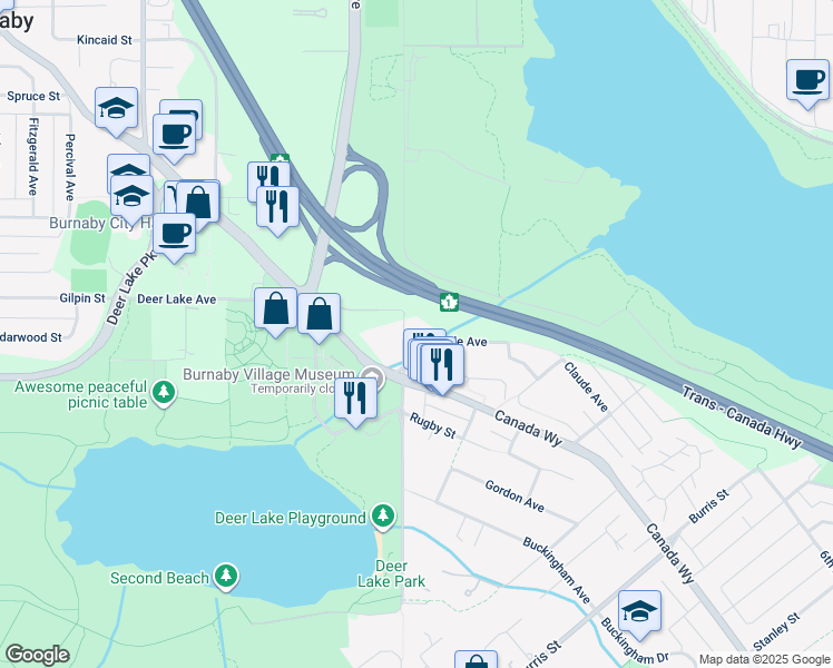map of restaurants, bars, coffee shops, grocery stores, and more near 4920 Claude Avenue in Burnaby
