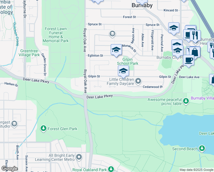 map of restaurants, bars, coffee shops, grocery stores, and more near 4829 Colbrook Court in Burnaby