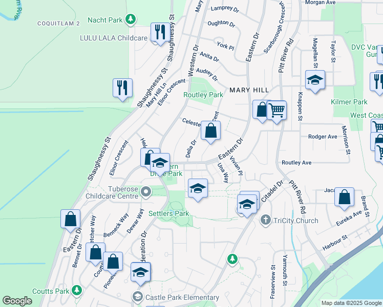 map of restaurants, bars, coffee shops, grocery stores, and more near 1441 Delia Drive in Port Coquitlam