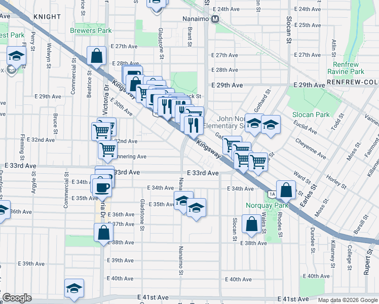 map of restaurants, bars, coffee shops, grocery stores, and more near 4866 Eldorado Mews in Vancouver