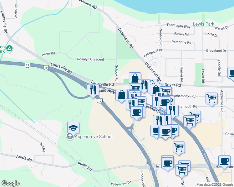 map of restaurants, bars, coffee shops, grocery stores, and more near 6973 Island Highway in Nanaimo