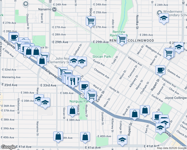 map of restaurants, bars, coffee shops, grocery stores, and more near 2717 Horley Street in Vancouver