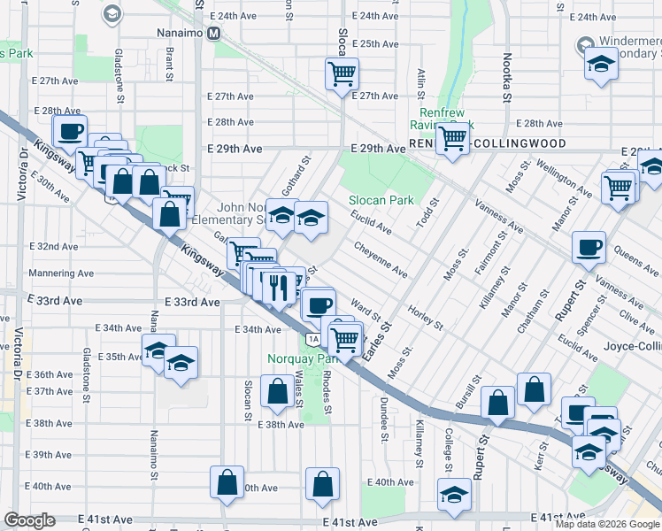 map of restaurants, bars, coffee shops, grocery stores, and more near 2612 Horley Street in Vancouver