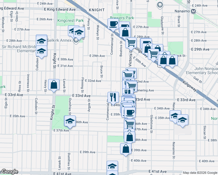 map of restaurants, bars, coffee shops, grocery stores, and more near 4845 Commercial Street in Vancouver