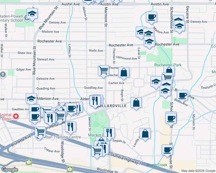 map of restaurants, bars, coffee shops, grocery stores, and more near 305 Marmont Street in Coquitlam