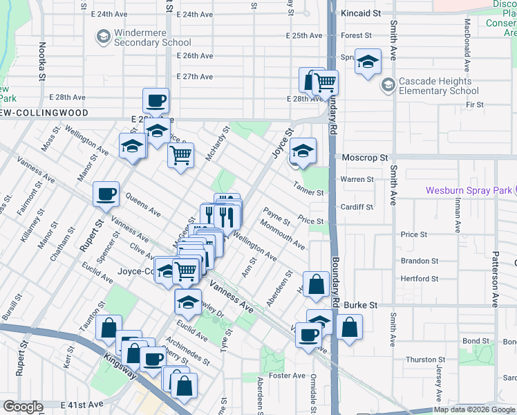 map of restaurants, bars, coffee shops, grocery stores, and more near 4829 Payne Street in Vancouver