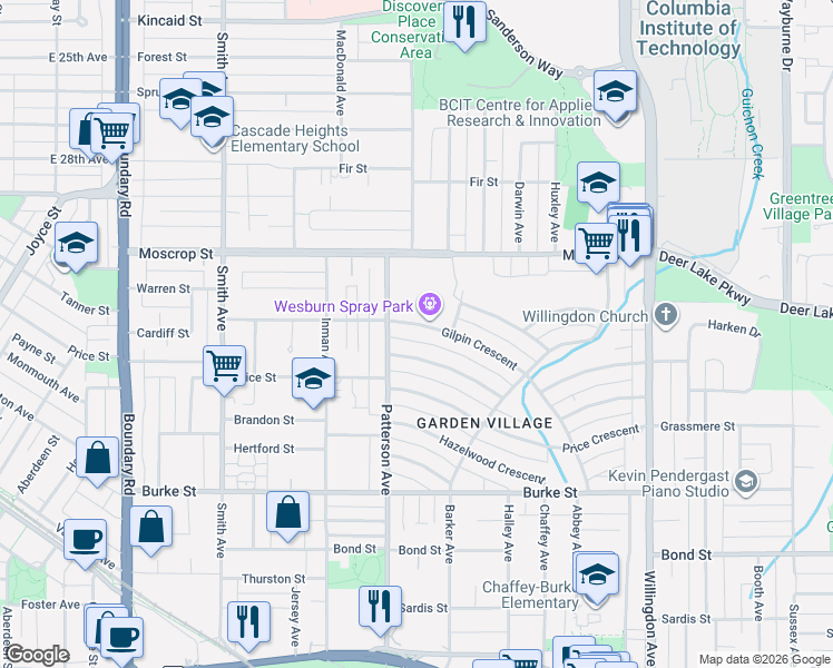 map of restaurants, bars, coffee shops, grocery stores, and more near 4136 Gilpin Crescent in Burnaby