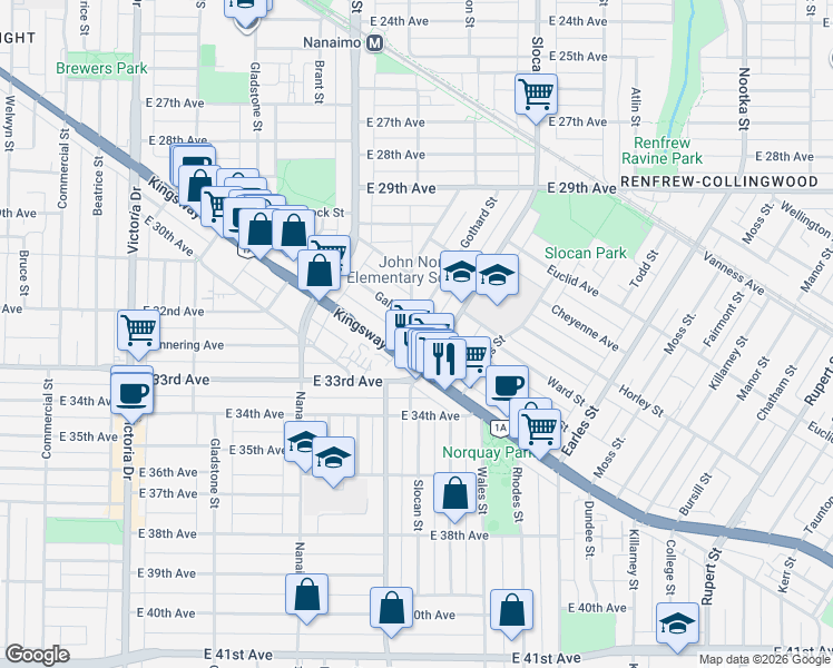 map of restaurants, bars, coffee shops, grocery stores, and more near 4836 Clarendon Street in Vancouver