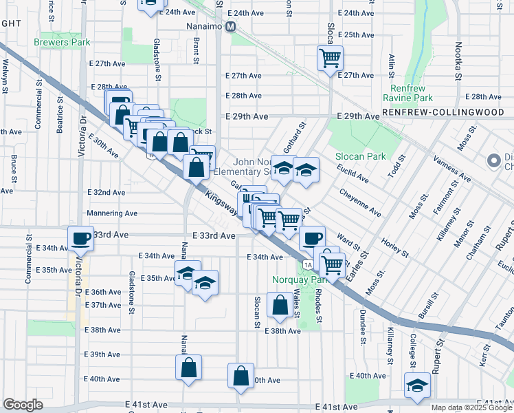 map of restaurants, bars, coffee shops, grocery stores, and more near 4836 Clarendon Street in Vancouver